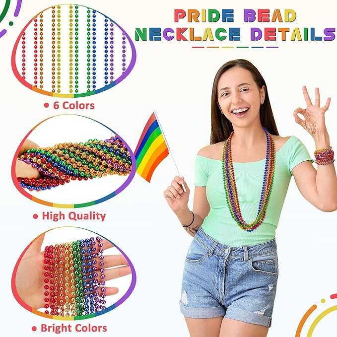 12PCS Pride Accessories, Pride LGBTQ Beads Necklace Stuff, Metallic 6 Kinds of Rainbow Necklace Bulk, Gay Lesbian LGBT Costumes Decorations for Pride Month Parade Throws Party Favors