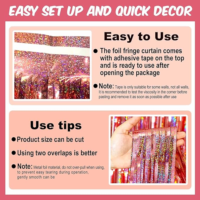 3 Pack Rose Gold Foil Fringe Curtains Backdrop, 3.28 x 8.2 Ft Metallic Streamers Tinsel Curtains Background for Photo Booth, Birthday, Christmas, Halloween, Thanksgiving, New Year Party Decorations