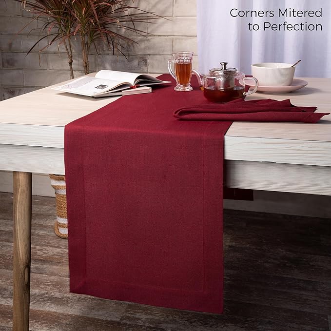 D'Moksha Homes Red Table Runner 14 x 60 Inch - Faux Linen Table Runner - Wrinkle Resistant, Machine Washable Ideal for Dresser, Coffee Tables, Thanksgiving, Christmas, Holiday - 100% Recycled Fabric