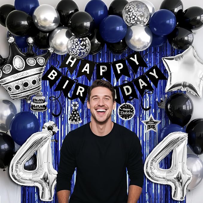 44th Birthday Decorations for Men and Women, Black Blue Silver Happy Birthday Number 44 Balloons, Banner, Fringe Curtains Garland Kit - 44 Year Old Party Supplies