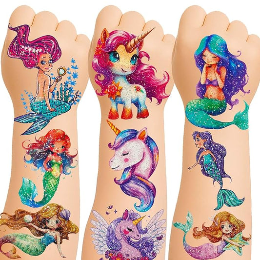 150+ Kids Glitter Temporary Tattoos for Girls – Individually Wrapped, Waterproof Tattoo Stickers – Mermaid, Unicorn, Fairy, Butterfly & More