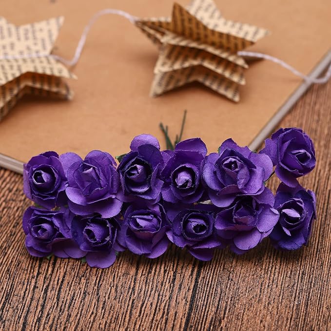 144pcs Mulberry Paper Mini Roses Artificial Flowers Heads with Stems for DIY Crafts Accessories Make Bridal Hair Clips Headbands Wedding Bridal Bouquets Party Home Decor Valentine's (Dark Purple)