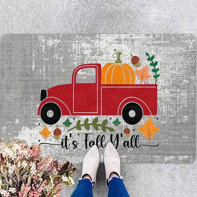 Fall Door Mat Outdoor for Front Door, Fall Decorations for Home Welcome Doormat Non-Slip Washable Autumn Pumpkins with Truck Doormat Entrance Rug for Indoor Outdoor, 24"x16"inch