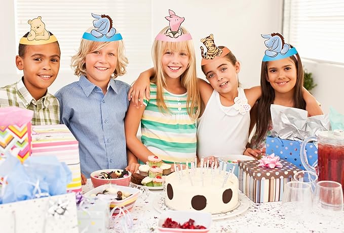 16PCS Winnie Party Hats For Kids Birthday Paper Crown Headband Cute Hats Bulk For Pooh Baby Shower Decorations Newborn Party Supplies Favors