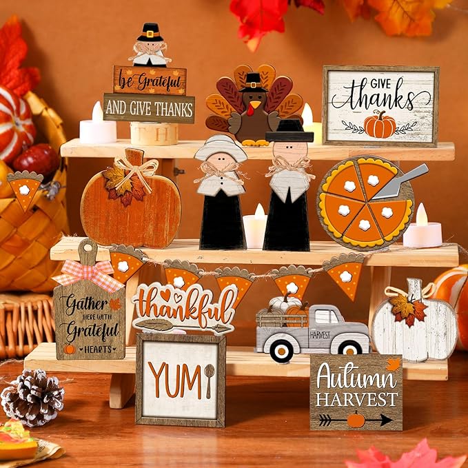 21 Pcs Thanksgiving Tiered Tray Decoration Set Fall Thanksgiving Table Sign Turkey Pumpkins Farmhouse Decor Gnome Maple Leaves Centerpieces Harvest Wood Blocks Tabletop Signs for Autumn