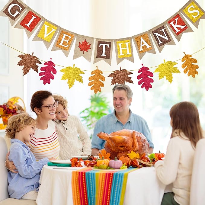Give Thanks Burlap Banner Thanksgiving Decorations Maple Leaves Glitter Banner for Thanksgiving Party Fall Harvest Supplies Fireplace Mantle Decor