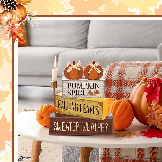 4 Pcs Thanksgiving Pumpkin Decor Fall Table Decoration Fall Tiered Tray Decor Thanksgiving Centerpiece Rustic Decorative Pumpkin Block Sign Gift Farmhouse Autumn Table Sign for Home