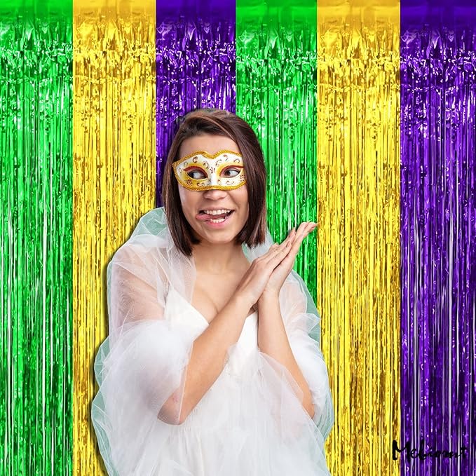 4 Pack 3.2Ft x 9.8Ft Mardi Gras Fringe Curtain Backdrop, Gold Green Purple Metallic Tinsel Foil Fringe Streamers Curtains Background for Photo Booth Birthday Wedding Carnival Party Decorations