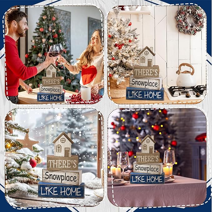 4 Pcs Christmas Table Decor Winter house Wooden Table Decorations Rustic Signs Tiered Tray Decor Wood Farmhouse Vintage Ornaments Winter Christmas Gift for Kitchen Home Desk