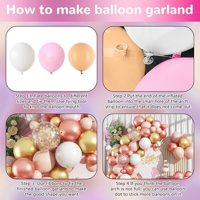 Rose Gold Balloon Arch Kit Nude Light Pink Gold Confetti Party Balloon Garland Metallic Pink White Pastel Orange Balloons for Women Princess Baby Shower Bridal Wedding Brithday Party Decor