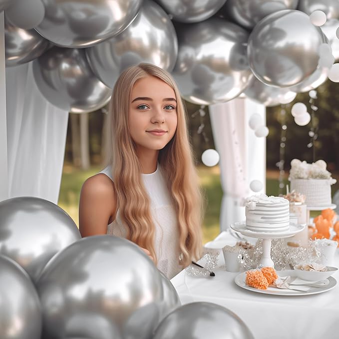 130PCS Metallic Silver Balloons, Latex Balloon Different Sizes 18/12/10/5 In, Helium Balloon with Ribbon, Party Balloon for Birthday Wedding Graduation Anniversary Baby Shower Decoration