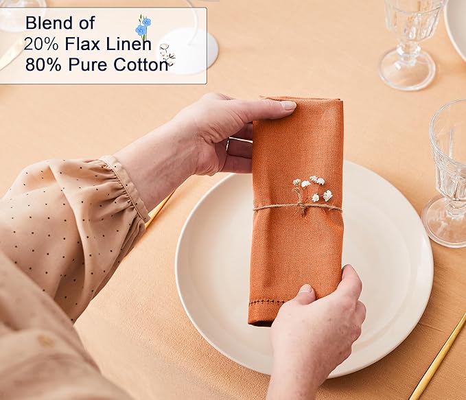 Ruvanti Premium Linen Napkins Set of 12-20x20 Inch, Classic Hemstitch, Mitered Corner Cloth Napkins - Soft, Elegant Dinner Napkins Cloth Washable for Weddings, Parties, Everyday Use - Fall/Orange