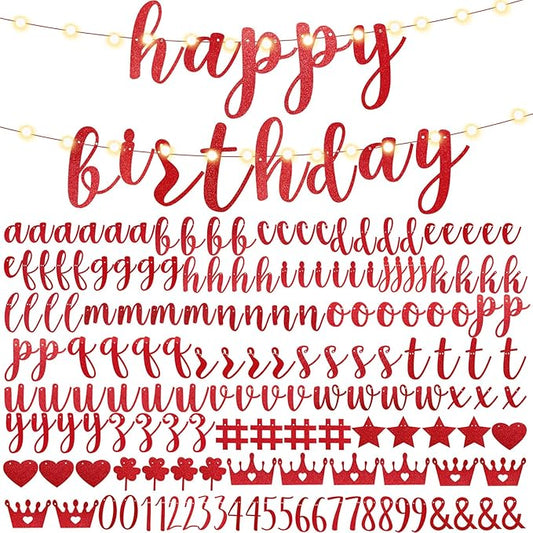 TaoBary 167 Pcs DIY Banner Kit Happy Birthday Glitter Banner Customizable Glitter Make Your Own Kit 162 Letters Symbols and Numbers 3 Rope for Birthday Halloween Wedding Christmas(Red)