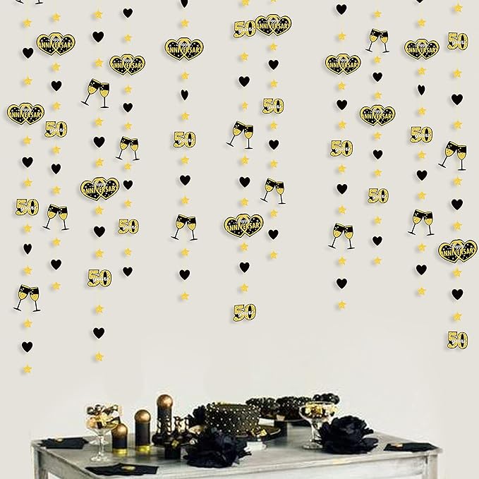 52 Ft Black Gold Happy Anniversary 50 years Heart Garland Streamer Twinkle Star Heart Cheers Number Fifty Hanging Paper Banner Backdrop for Fiftieth 50th Wedding Anniversary Party Decorations Supplies