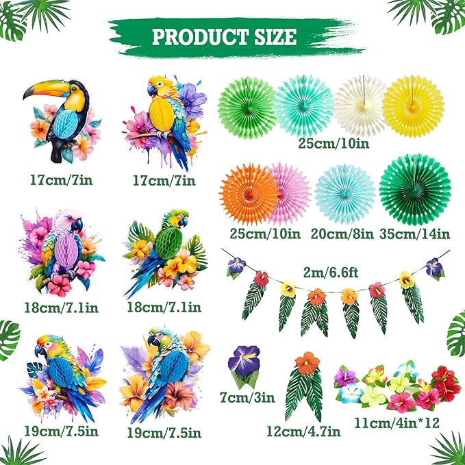 Tropical Party Decorations, Hawaiian Party Decor, with Paper Parrots Honeycombs and Hibiscus Flower Banner, Party Tissue Paper Pompoms for Summer Luau Tiki Jungle Themed Decorations