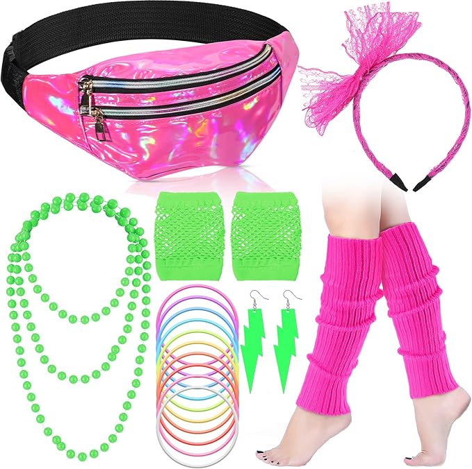 Handepo 19 Pcs 80s Costume Accessories Holographic Fanny Pack Leg Warmers Lace Headband Earrings Gloves Necklace Bracelet