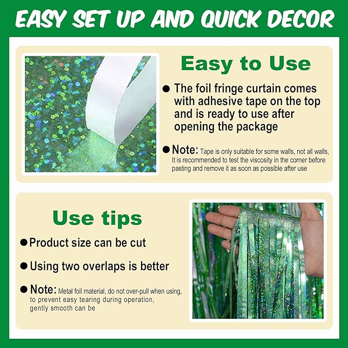 3 Pack Light Green Foil Fringe Curtains Backdrop, 3.28 x 8.2 Ft Metallic Streamers Tinsel Curtains Background for Photo Booth, Birthday, Christmas, Halloween, Thanksgiving, New Year Party Decorations