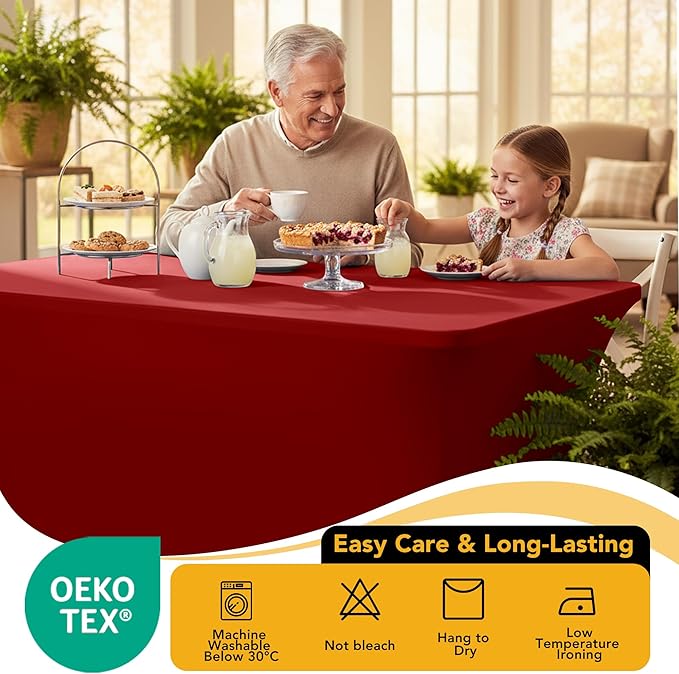 8-Pack Premium Red Spandex Tablecloths for 6ft Rectangle Tables, Stain & Wrinkle-Resistant, Washable Stretch Polyester Fitted Table Cover for Weddings, Banquets, Trade Shows Events