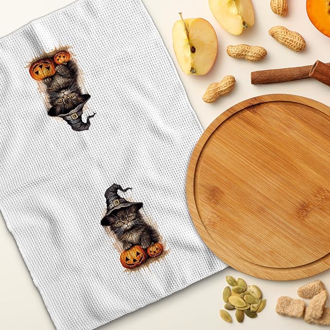 TNUW Black Cat Halloween Kitchen Towels 16x24 Inch, Black Cat Mom Lovers Gifts Dish Tea Towels for Kitchen, Halloween Spooky Pumpkin Witchy Kitten Decorative Hand Towel for Bathroom Decor