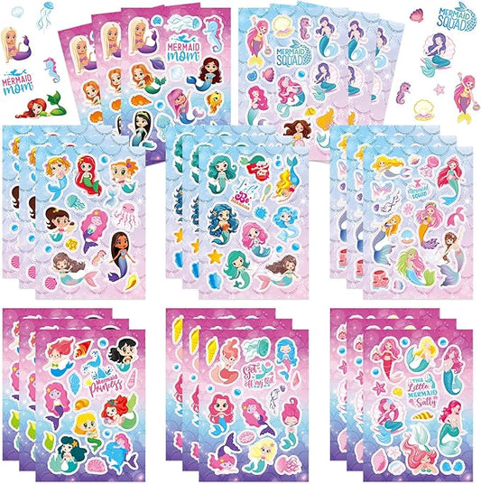 24 Sheets Little Mermaid Princess Stickers for Kids, Mermaid Stickers Bulk Preschool Sticker Sheets for Reward Craft Scrapbooking Water Bottles Gifts Bags Cards Envelopes Party Favors Supplies