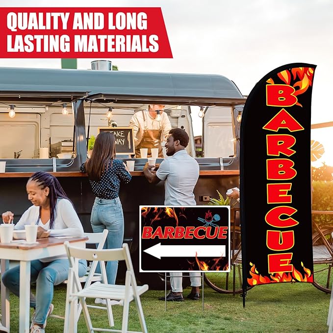 Buryeah BBQ Sign Banner Set Including 1 Pack Barbecue Feather Flag Banner 3 Pack Double Sided Directional Arrow Barbecue Yard Signs with Metal Stake for Business Advertising Outdoor Ground(Black)