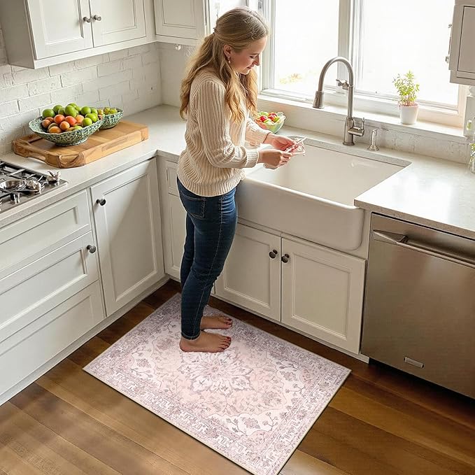 Area Rugs 2'x3' Washable Non-Slip, Floral Vintage Distress Print Pattern Medallion Carpet for Living Room Bedroom Dining Room, Pink Greypink Cute