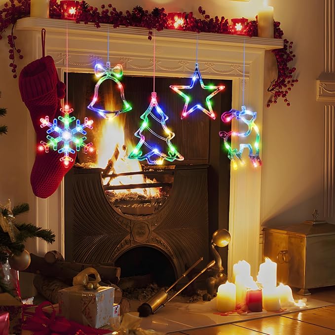5Pack Christmas Window Lights Decorations with Timer,Battery Powered Christmas Hanging Multicolor Lighted Snowflake Tree Star Deer Bells Shaped LED Sucker for Xmas Fireplace Indoor Decor