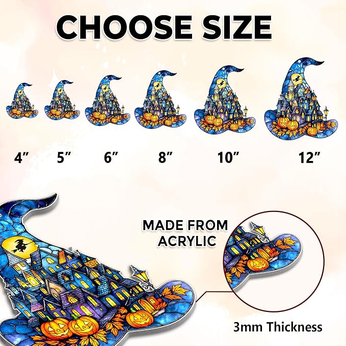 Witch Hat Suncatcher for Window Hanging, Gothic Halloween Decoration, Spooky Town Pumpkin Acrylic Ornament, Jack-o’-Lantern Fantasy Decor, Autumn Halloween Christmas Witchy Gifts for Women, Friends