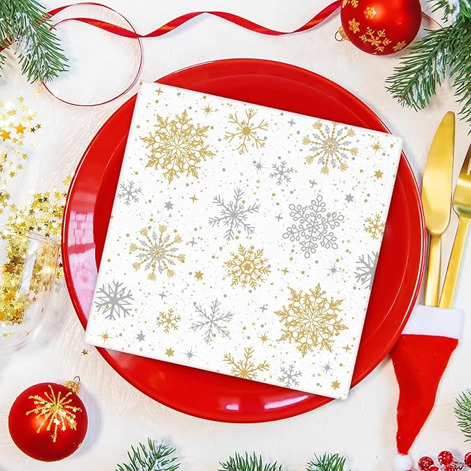 Christmas Snowflake Paper Napkins, Party Napkins 80 Pieces White Disposable Dinner Paper Napkins for Xmas Party Table Decorations