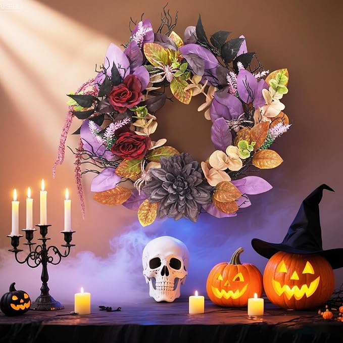 18 Inch Halloween Wreath for Front Door, Gothic Wreath with Spiders and Black Roses, Creepy Outdoor Indoor Decor for Window, Mantel, Wall, Fireplace - Durable Artificial Decorations