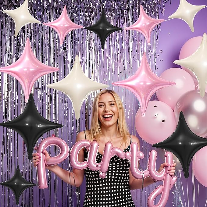 Pink Black Star Balloons,12Pcs Four Angle Star Foil Balloons,26Inch and 10Inch Pink White Quadrangle Helium Balloon for Birthday Baby Shower Anniversary Party Decorations