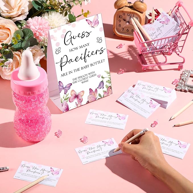 Roowest 512 Pcs Baby Shower Games Guess How Many Pacifiers Sign 100 Small Guessing Games 10 HB Pencils 750ml Milk Bottle 400 Acrylic Pacifiers Decoration for Guest Gender Reveal(Pink,Butterfly)