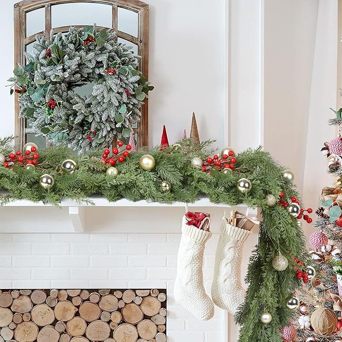 DearHouse Pine Christmas Garland,6Ft WinterArtificial Greenery Garland for Holiday Season Mantel Fireplace Table Runner Centerpiece Decor