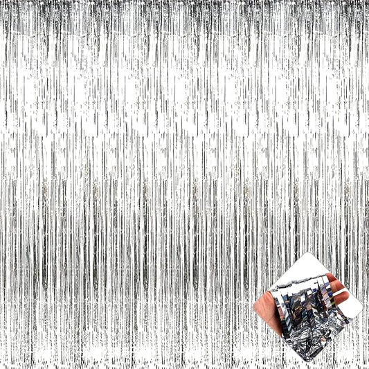 4 Pack 3.2Ft x 9.8Ft Silver Foil Fringe Curtain Backdrop, Metallic Tinsel Foil Fringe Streamers Curtains for Party, Photo Booth Props, Birthday, Wedding, Christmas Party Decoration Supplies