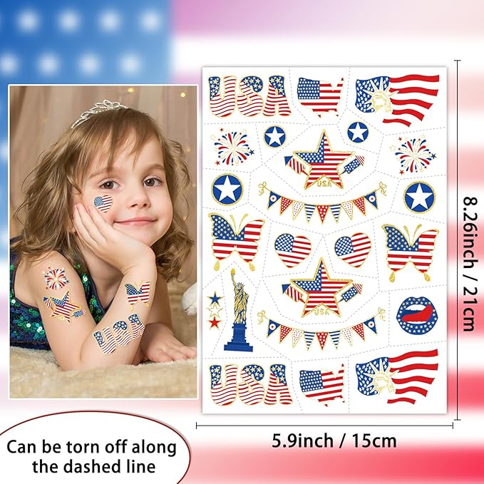 4th of July Temporary Tattoo, 90+ Styles Fourth of July Decoration American Flag Fake Tattoos, Red White and Blue USA Flag, Independence Day Party Supplies for Memorial Day & Labor Day