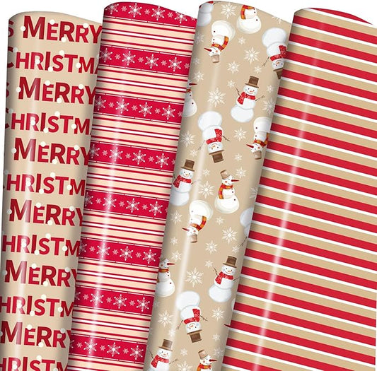PlandRichW Christmas Wrapping Paper 12 Sheets Folded 20 x 29 Inches for Kids Adults, 4 Gift Wrap Designs Including Merry Christmas, Snowflakes, Snowmen, Red Stripes