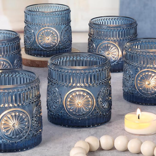 6Pcs Large Votive Candle Holders Blue Glass Tealight Candle Holders for Wedding, Table Centerpiece, Party, Birthday, Home Decor