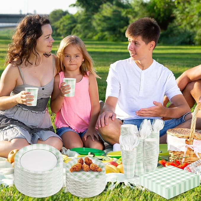 Sage Green Gingham Disposable Plates and Napkins Party Supplies, Green and White Tableware Set Green Plaid Paper Plates for Birthday Family Dinner Picnic BBQ Baby Shower Wedding Decor Serves 25