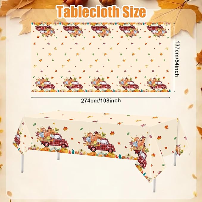 3Pcs Fall Pumpkin Truck Tablecloth, 54 x 108 Inch Thanksgiving Harvest Plastic Table Cover, Disposable Autumn Maple Leaf Table Cloth for Farmhouse Thanksgiving Fall Party Decorations