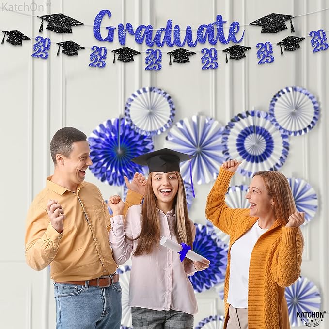 KatchOn, Glitter, Black and Blue Graduation Banner - 10 Feet | Congrats Grad Banner | Black and Blue Grad Decorations Class of 2025 | graduation Cap Garland | Graduation Decorations 2025