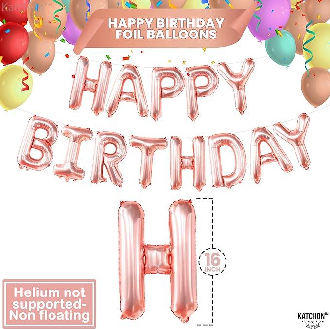 KatchOn, Rose Gold Happy Birthday Balloon Banner - 16 Inch | Rose Gold Happy Birthday Decoration Banner for Birthday Party Decorations | happy birthday Foil Balloons for rose gold Party decorations