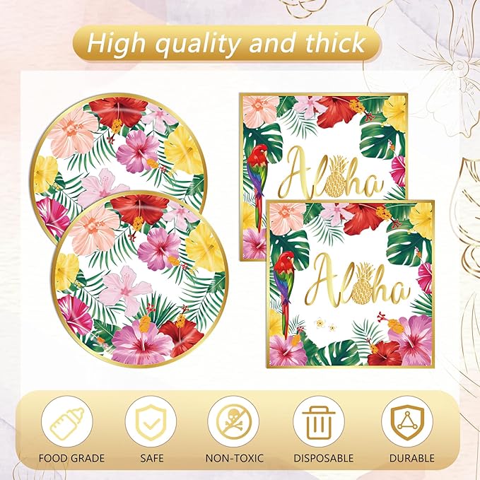 Aloha Hawaiian Party Decorations,Tropical Luau Party Supplies Kit for 20 Guests with Paper Plates,Napkins,Tropical Palm Leaves Disposable Tablecloth | BBQs & Summer Beach Kids Birthday Cocktail Party
