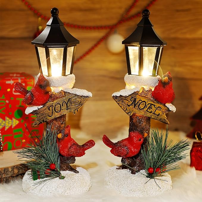 Glintoper 2 Pack Christmas Lighted Table Decorations, Tabletop Figurine, Battery Operated (Red Cardinal)