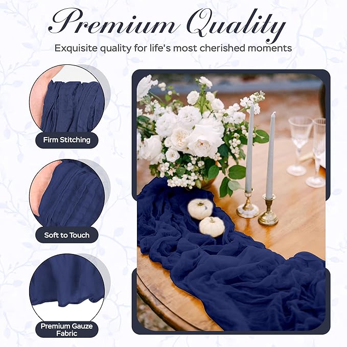 Cheesecloth Table Runner 3 Pack – 35x120 Inch (10ft) Boho Rustic Gauze Cloth Runners – Crinkle Polyester Table Decor for Wedding, Baby Shower, Bridal Shower, Birthday Party and More (Navy Blue)
