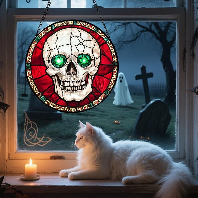 Stained Glass Window Hanging - Halloween Decorations Vampire Skeleton Suncatcher for Doors Garden Indoor Spooky Funny Sun Catchers Gothic Decor Horror Gifts for Women Men Friend 7.8 in