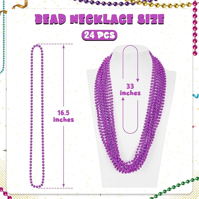 24 PCS Purple Beads Party Favors, 33" Purple Beads Necklaces Bulk, Mardi Gras Beaded Costume Necklaces for Parade Throws, Beaded Accessory Set for Carnival Festive Celebrations Event