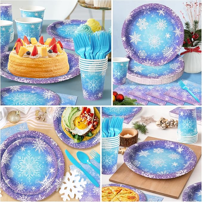 Frozen Birthday Party Decorations - Serve 24, Snowflake Party Supplies, Winter Wonderland Disposable Tableware Include Plates, Napkins, Cups, Forks, Knives, Spoons for Christmas