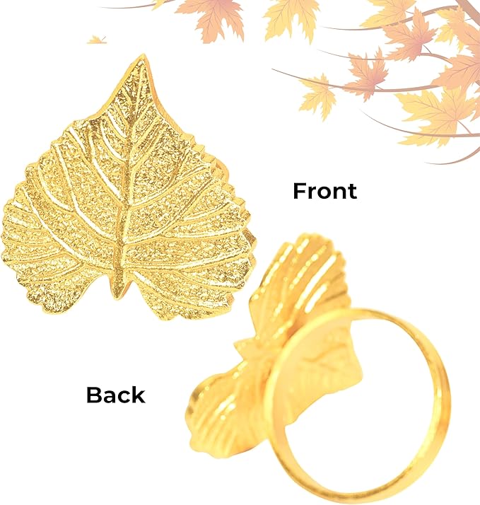 Elegant Handcrafted Leaf Napkin Rings - Set of 12 Premium Aluminum Holders for Dinner Parties, Weddings, Special Occasions & Everyday Dining (Gold) - CLEENTABLE