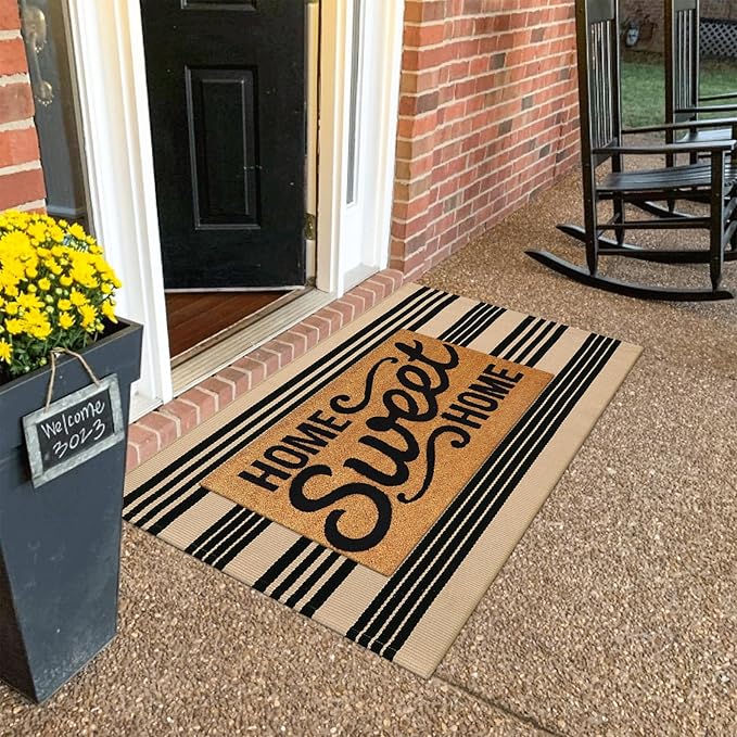 KIMODE Fall Front Door Mat 24"x51", Black and Khaki Striped Layered Door Mat Outdoor, Washable Farmhouse Front Porch Rug Halloween Thanksgiving Decorations, Cotton Hand Woven Entryway Rug