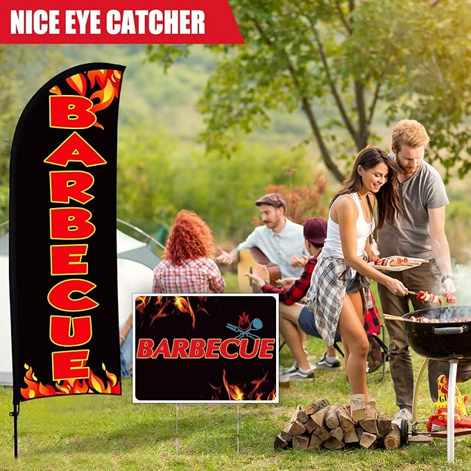 Buryeah BBQ Sign Banner Set Including 1 Pack Barbecue Feather Flag Banner 3 Pack Double Sided Directional Arrow Barbecue Yard Signs with Metal Stake for Business Advertising Outdoor Ground(Black)